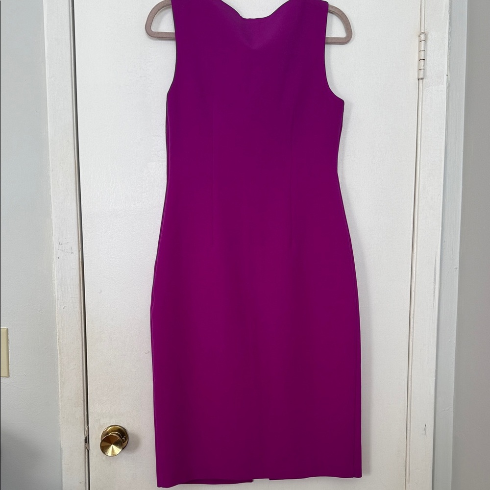 Safiyya Structured Cape-Detail Midi Dress in Fuchsia with Wide Belt - Picture 6 of 9